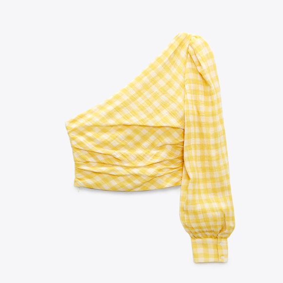 NWT - Zara Yellow Asymmetrical Gingham Cropped Top - Picture 2 of 5